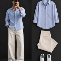 DripXO Sky Blue Stripe Shirt – Cream Wide-Leg Jeans Combo
