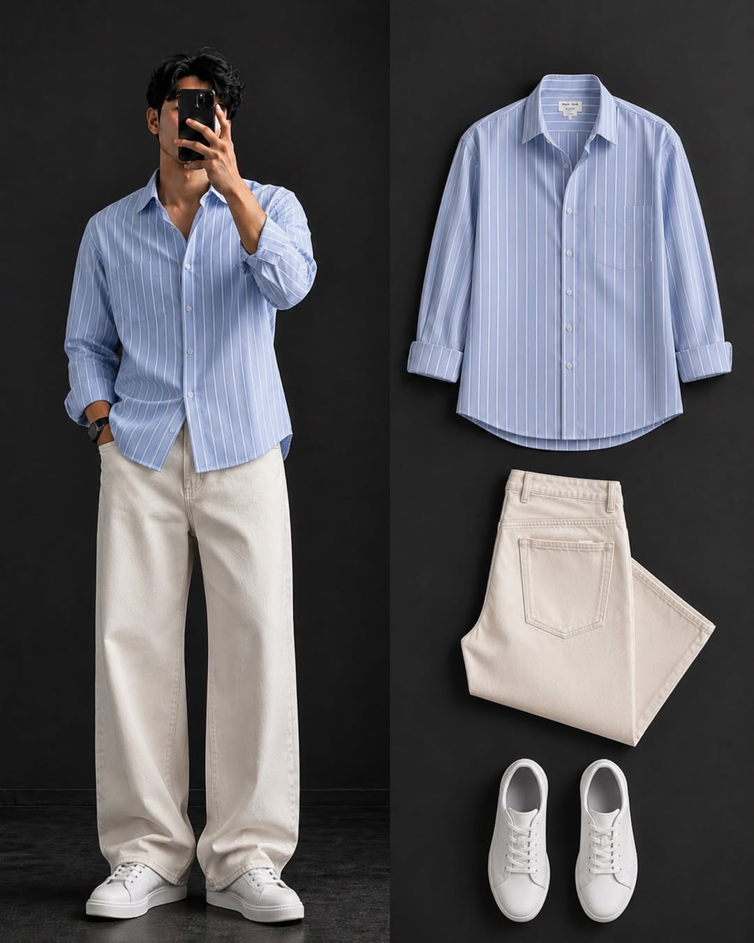 DripXO Sky Blue Stripe Shirt – Cream Wide-Leg Jeans Combo