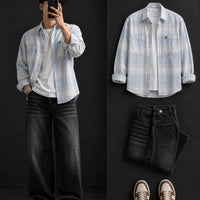 DripXO Light Blue Plaid Overshirt – Dark Grey Jeans Combo