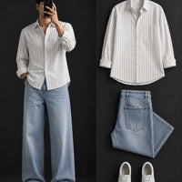 DripXO White Pinstripe Shirt – Light Blue Wide-Leg Jeans Combo