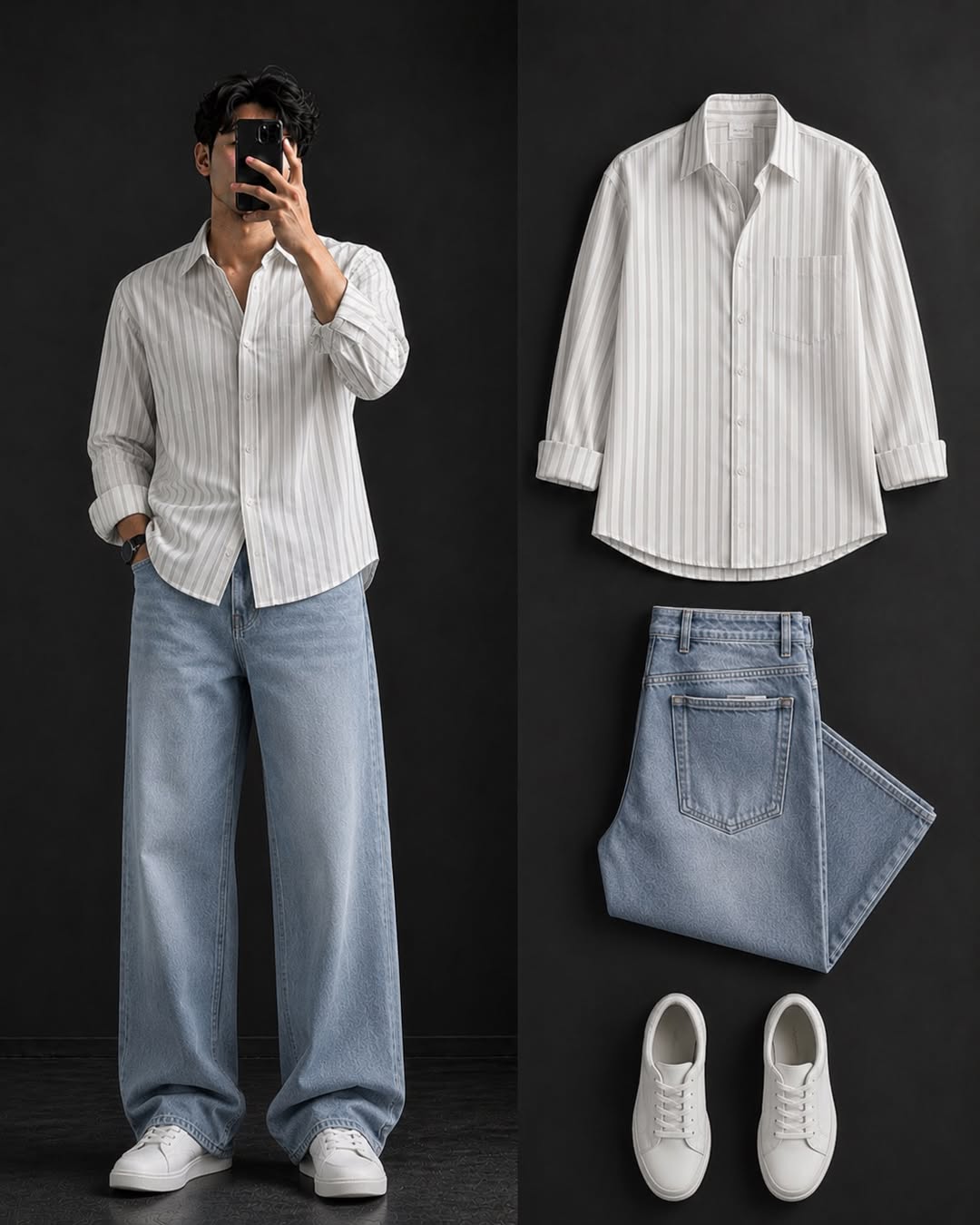 DripXO White Pinstripe Shirt – Light Blue Wide-Leg Jeans Combo