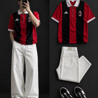 DripXO Red & Black Stripe Polo Tee – White Wide-Leg Jeans Combo