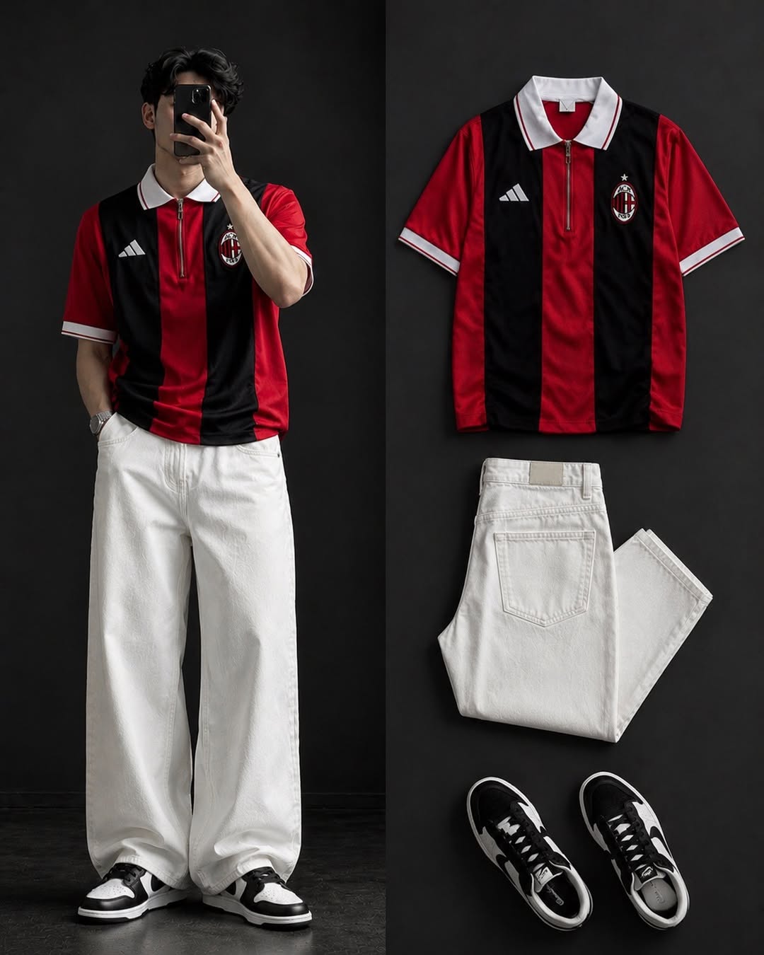 DripXO Red & Black Stripe Polo Tee – White Wide-Leg Jeans Combo