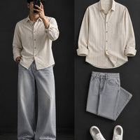 DripXO Cream Pinstripe Shirt – Light Grey Wide-Leg Jeans Combo