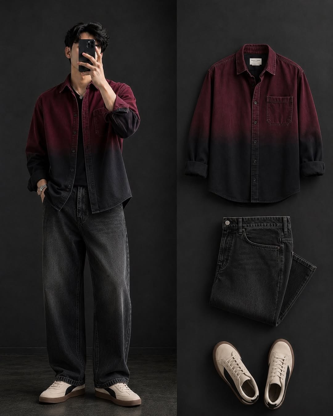 DripXO Gradient Denim Shirt – Dark Grey Wide-Leg Jeans Combo