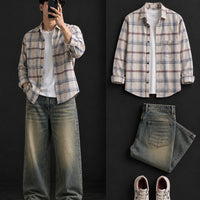 DripXO Beige Plaid Overshirt – Vintage Blue Jeans Combo