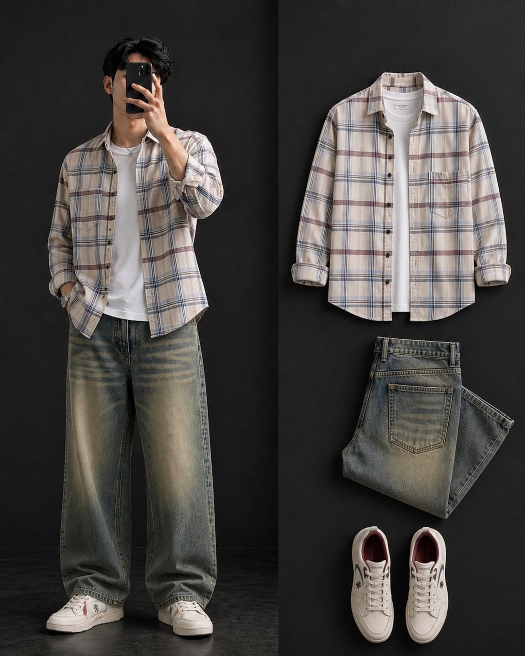 DripXO Beige Plaid Overshirt – Vintage Blue Jeans Combo