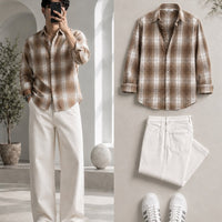 DripXO Brown Plaid Shirt – White Wide-Leg Jeans Combo