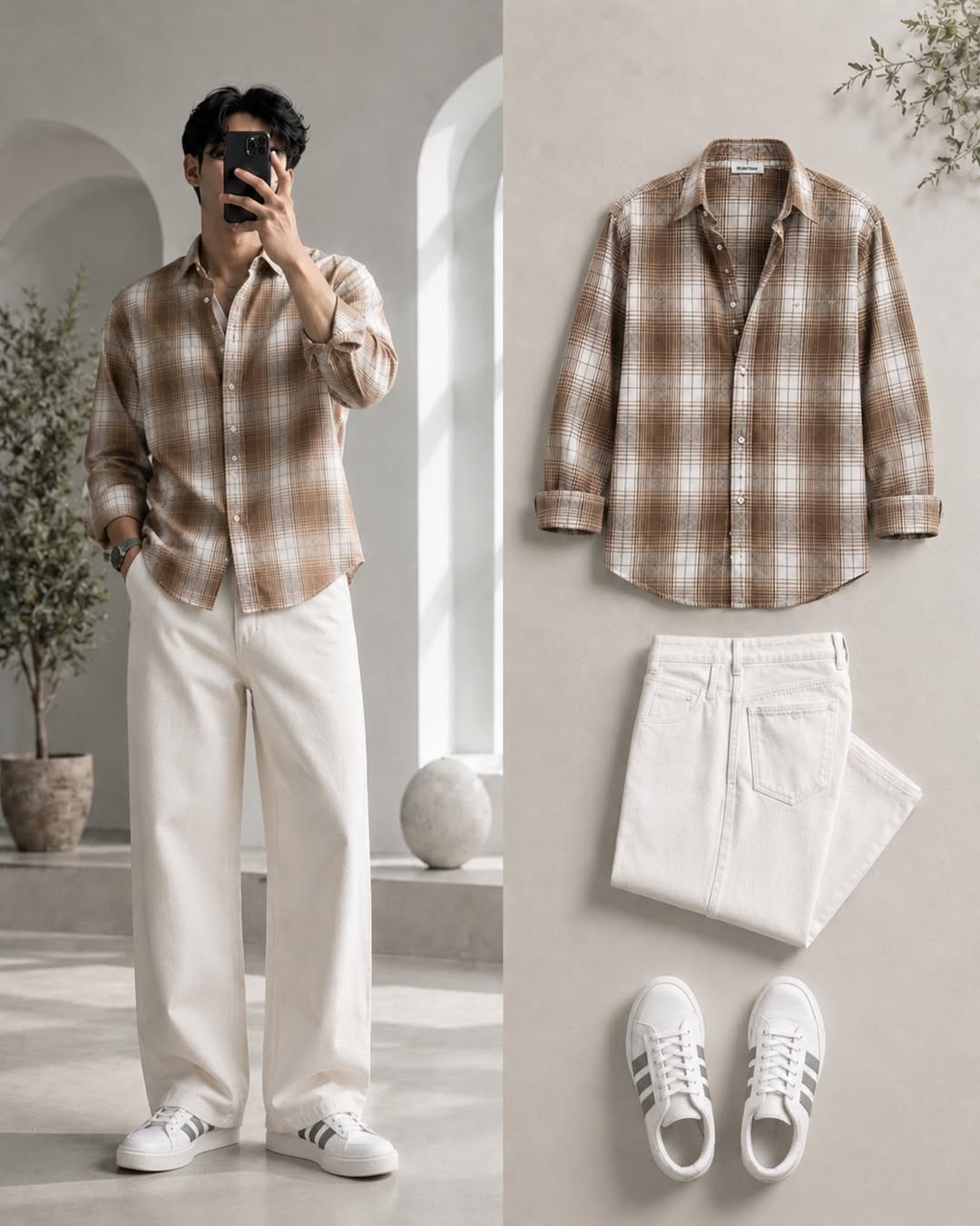 DripXO Brown Plaid Shirt – White Wide-Leg Jeans Combo