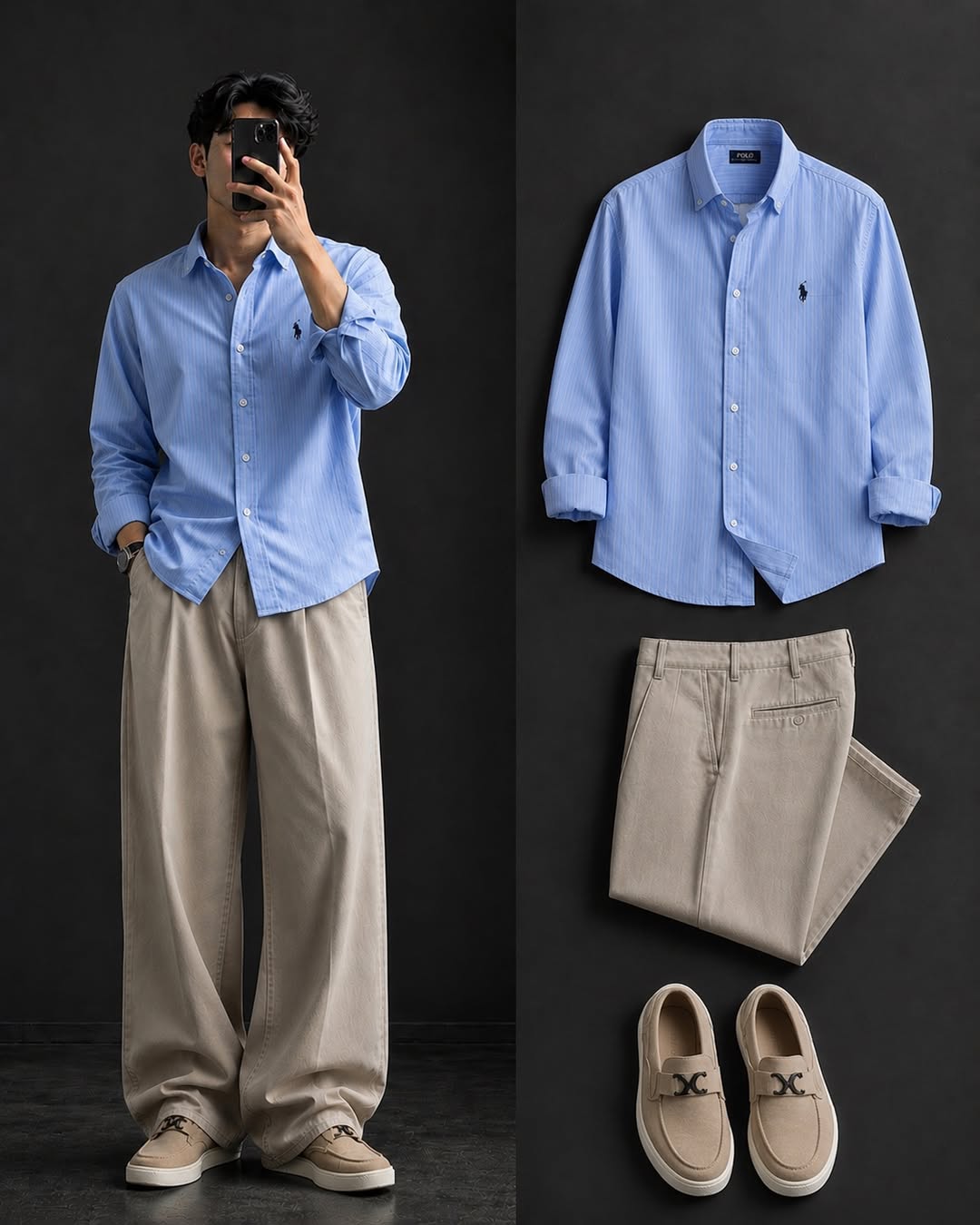 DripXO Sky Blue Oxford Shirt – Khaki Wide-Leg Trouser Combo