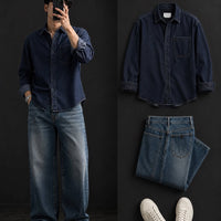 DripXO Navy Denim Shirt – Light Blue Wide-Leg Jeans Combo