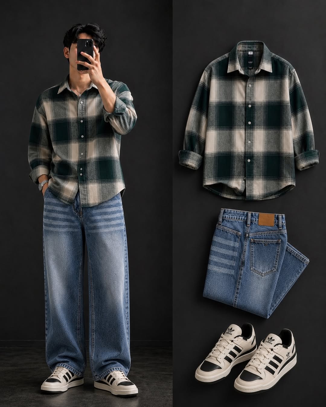 DripXO Teal Check Shirt – Light Blue Wide-Leg Jeans Combo