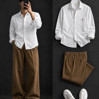 DripXO White Shirt – Caramel Brown Wide-Leg Trouser Combo