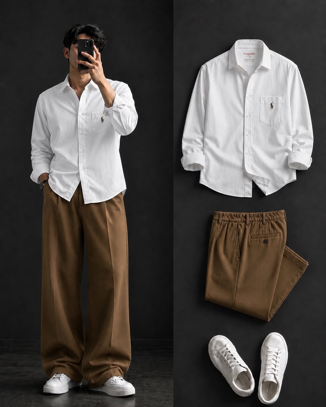 DripXO White Shirt – Caramel Brown Wide-Leg Trouser Combo