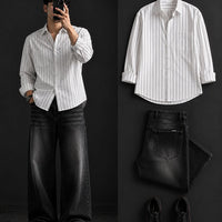 DripXO White Pinstripe Shirt – Black Wide-Leg Jeans Combo