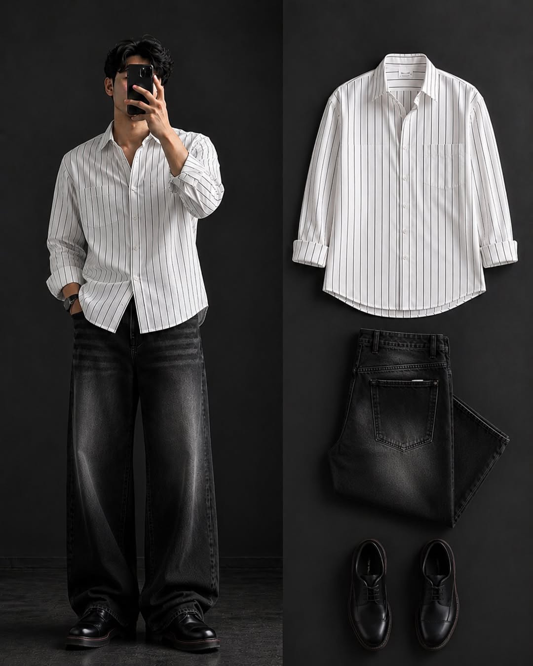 DripXO White Pinstripe Shirt – Black Wide-Leg Jeans Combo