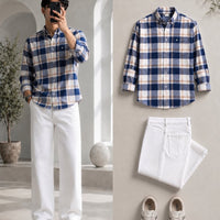 DripXO Navy Check Shirt – White Wide-Leg Jeans Combo