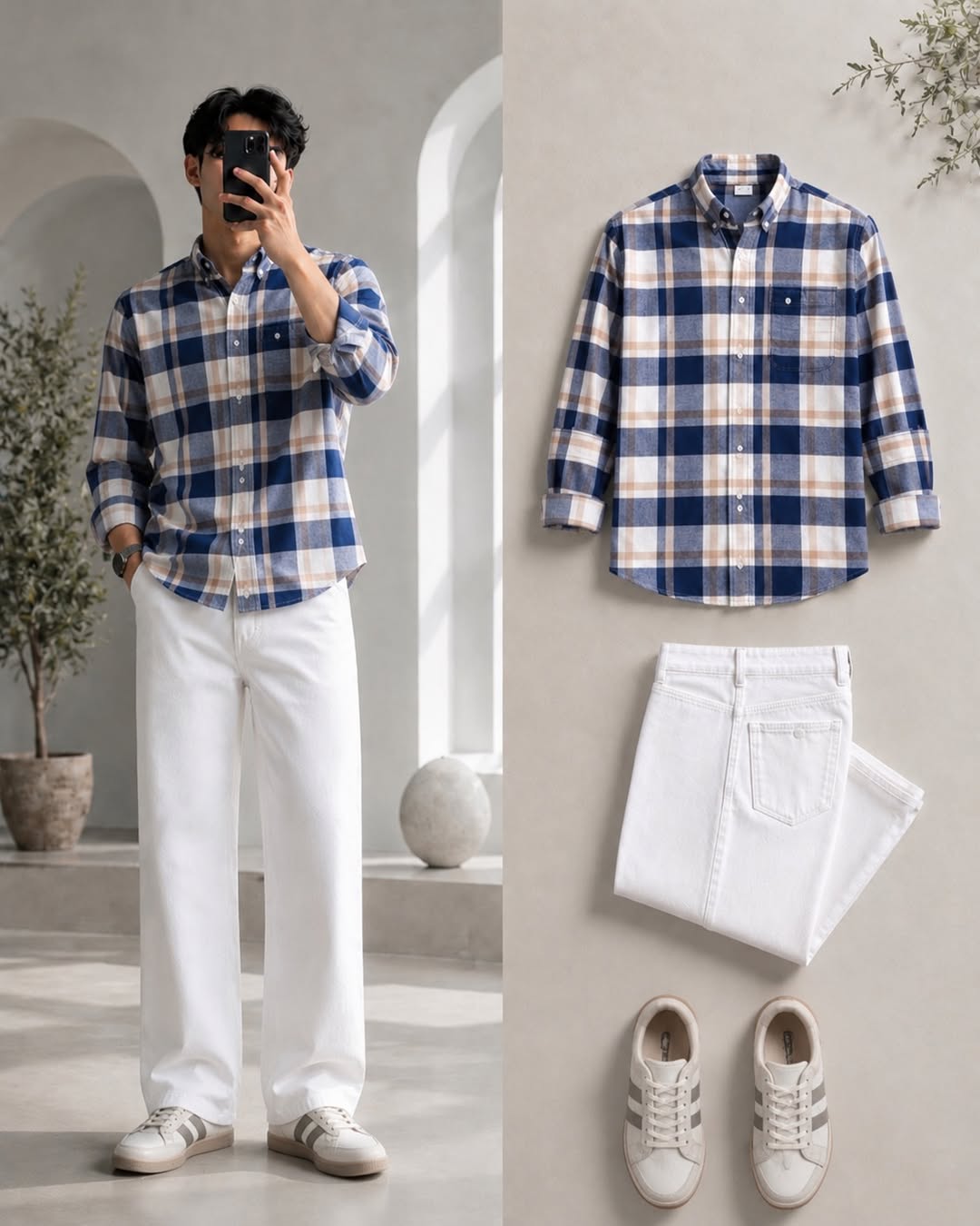 DripXO Navy Check Shirt – White Wide-Leg Jeans Combo