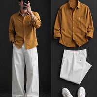 DripXO Mustard Shirt – White Wide-Leg Trouser Combo