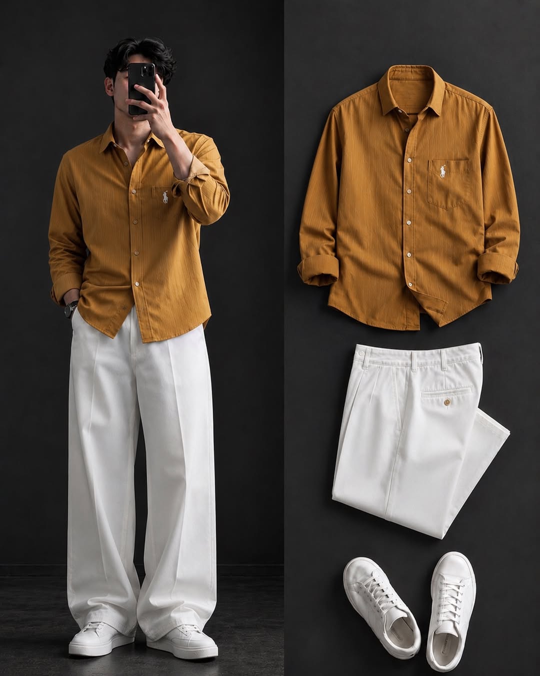 DripXO Mustard Shirt – White Wide-Leg Trouser Combo
