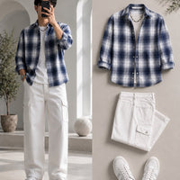 DripXO Blue Plaid Overshirt – White Cargo Pants Combo