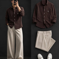 DripXO Dark Brown Shirt – Cream Wide-Leg Trouser Combo