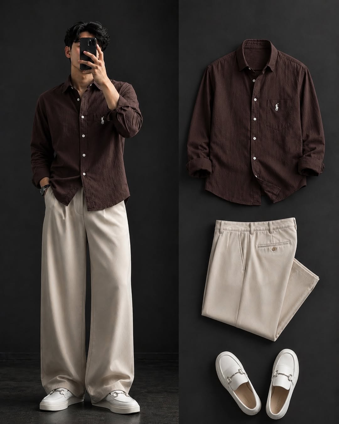 DripXO Dark Brown Shirt – Cream Wide-Leg Trouser Combo