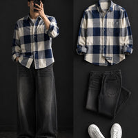 DripXO Navy Check Shirt – Washed Black Wide-Leg Jeans Combo
