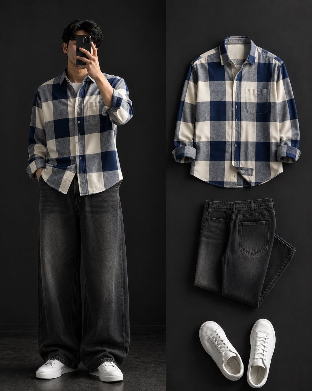 DripXO Navy Check Shirt – Washed Black Wide-Leg Jeans Combo