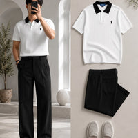 DripXO White Ribbed Polo – Black Wide-Leg Trouser Combo