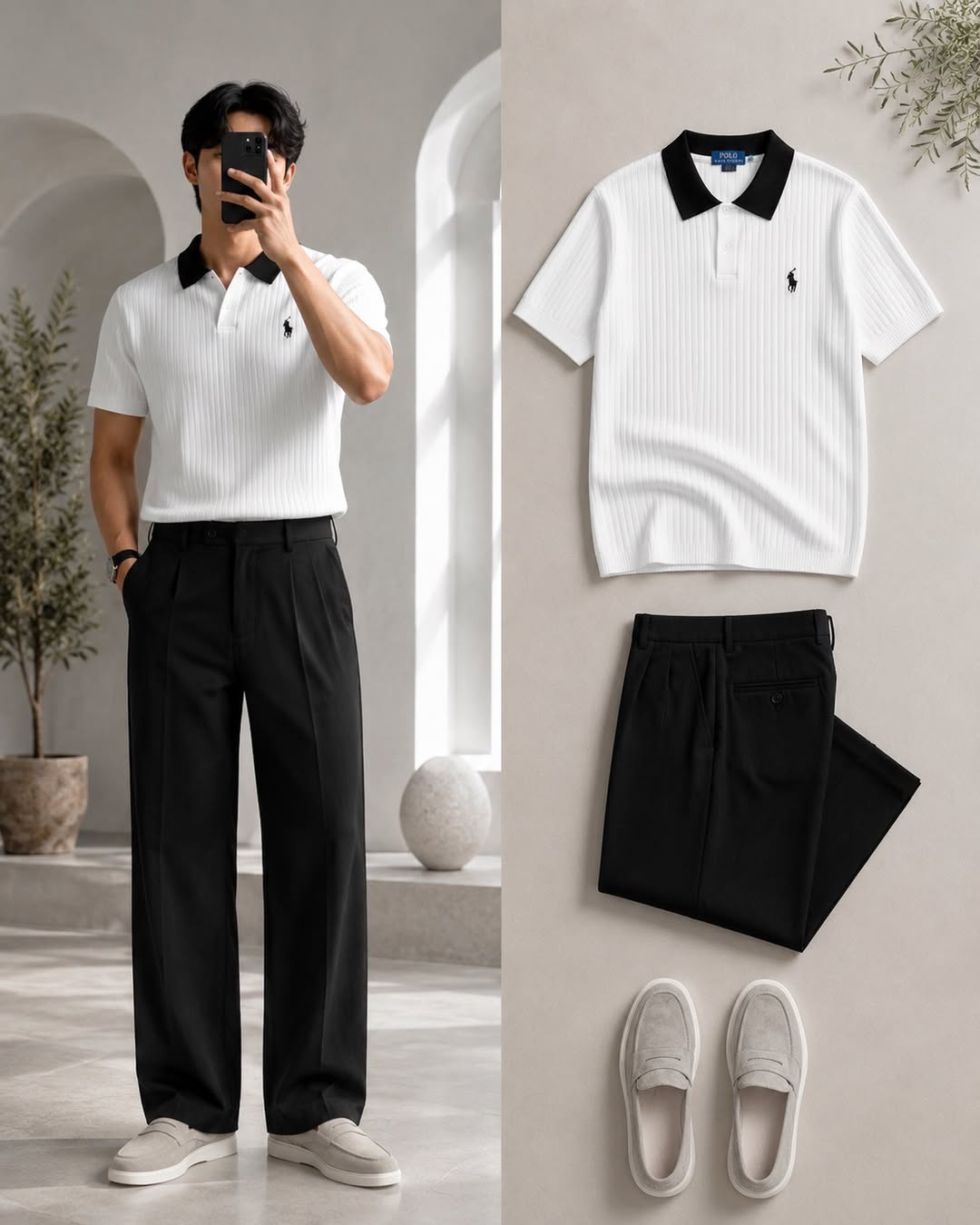 DripXO White Ribbed Polo – Black Wide-Leg Trouser Combo