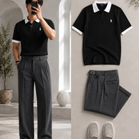 DripXO Black Ribbed Polo – Dark Grey Wide-Leg Trouser Combo