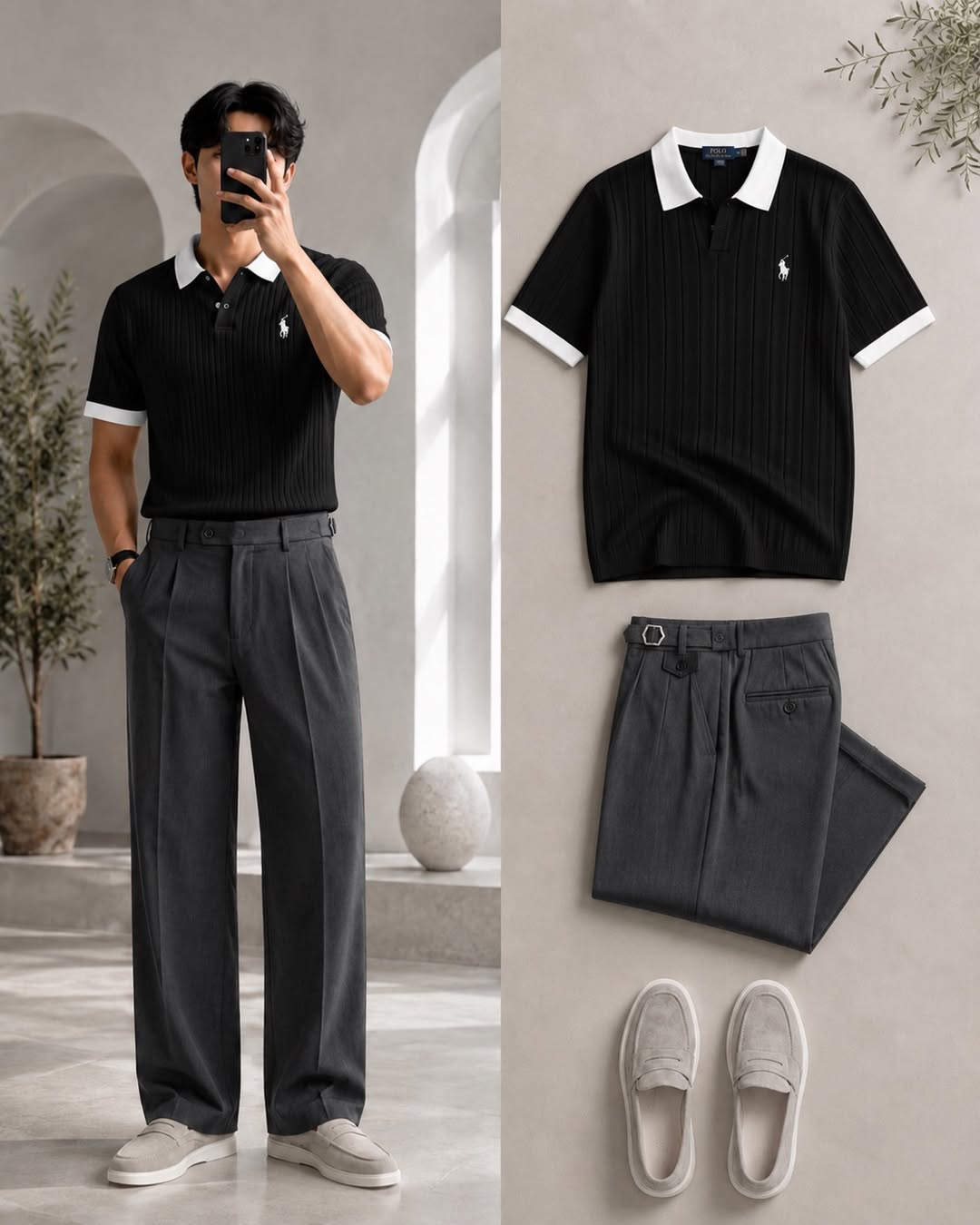 DripXO Black Ribbed Polo – Dark Grey Wide-Leg Trouser Combo