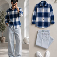 DripXO Navy Paisley Check Shirt – Ice Blue Wide-Leg Jeans Combo