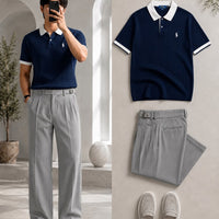 DripXO Navy Ribbed Polo – Light Grey Wide-Leg Trouser Combo