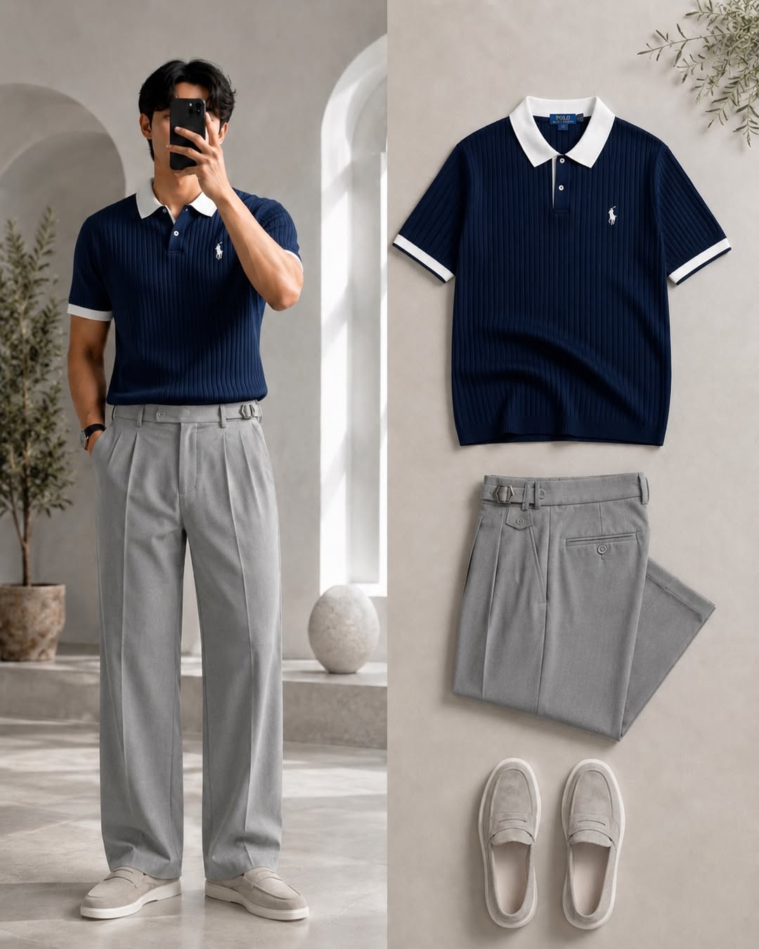 DripXO Navy Ribbed Polo – Light Grey Wide-Leg Trouser Combo