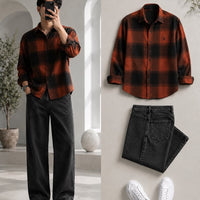 DripXO Rust Check Flannel Shirt – Washed Black Jeans Combo