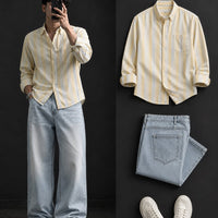 DripXO Butter Yellow Stripe Shirt – Ice Blue Wide-Leg Jeans Combo