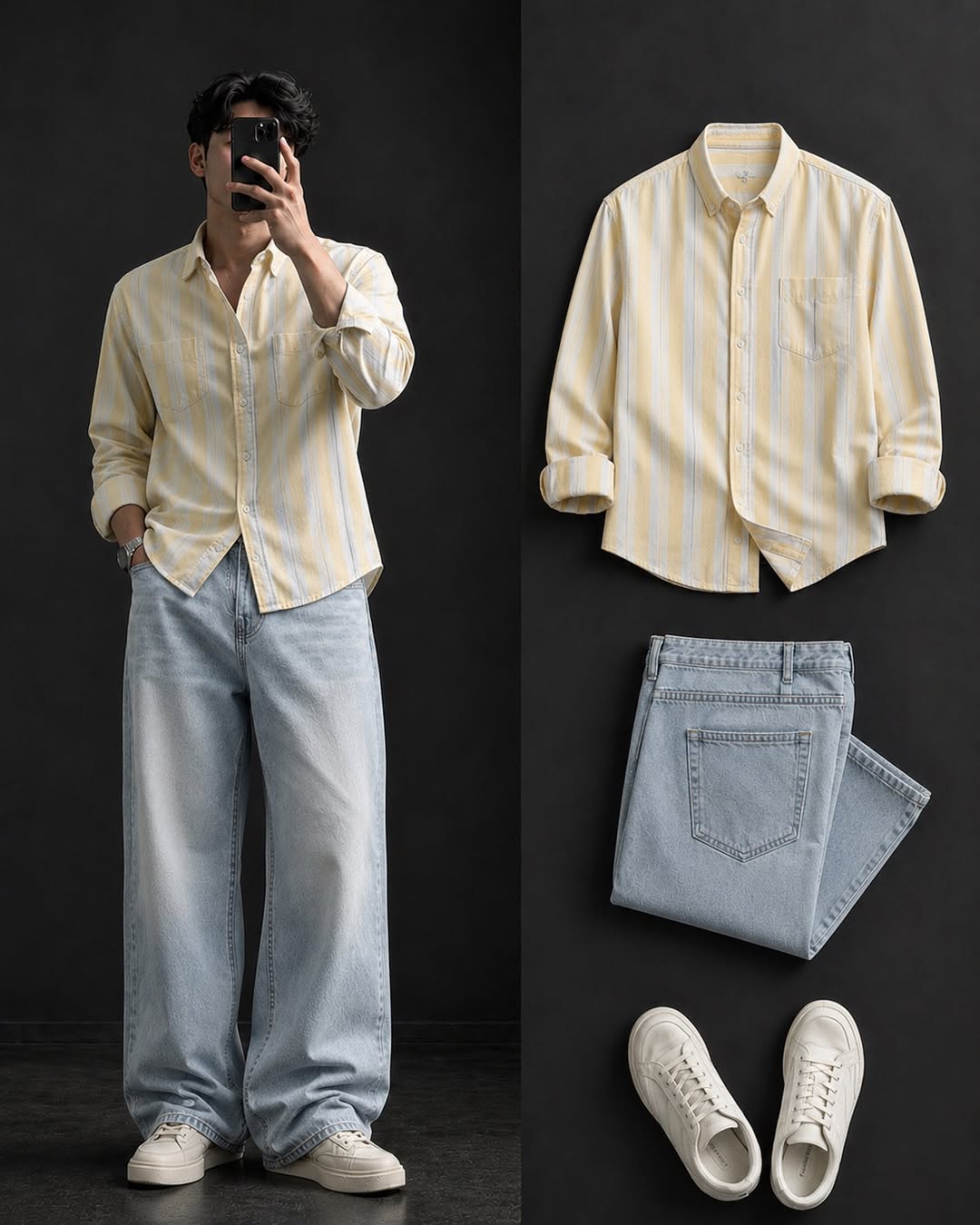 DripXO Butter Yellow Stripe Shirt – Ice Blue Wide-Leg Jeans Combo