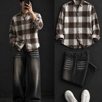 DripXO Brown Check Shirt – Washed Black Wide-Leg Jeans Combo