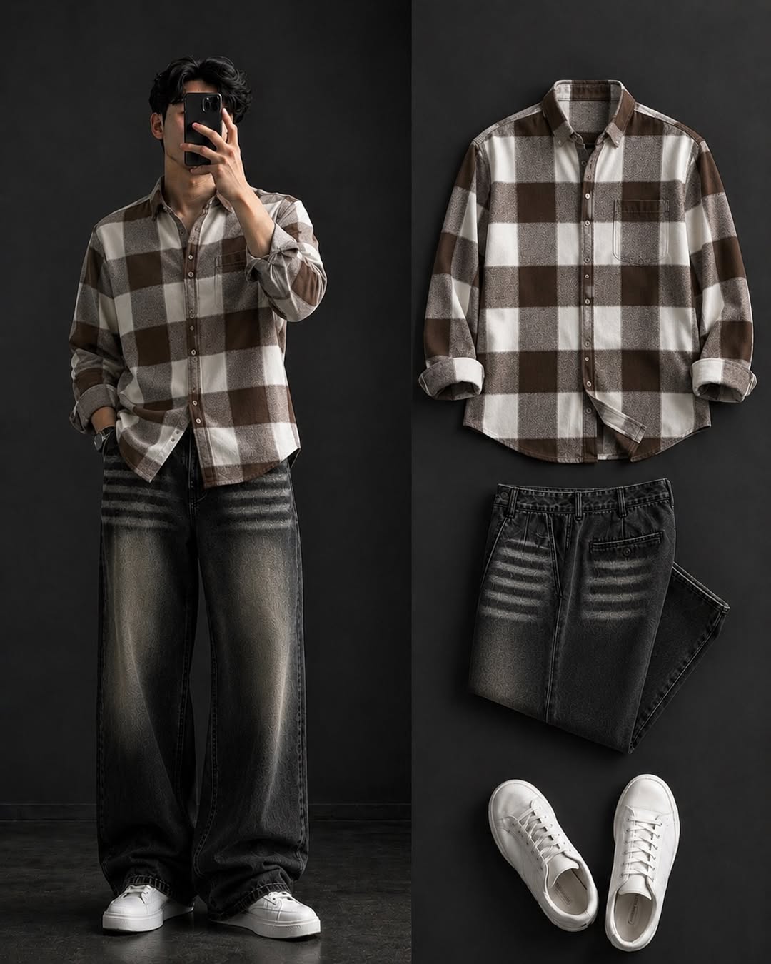 DripXO Brown Check Shirt – Washed Black Wide-Leg Jeans Combo