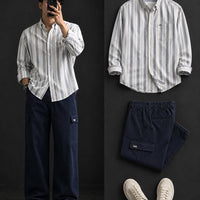 DripXO White Grey Stripe Shirt – Navy Cargo Pants Combo