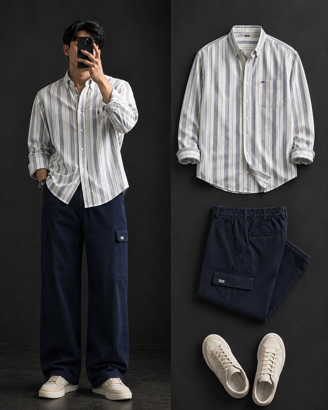 DripXO White Grey Stripe Shirt – Navy Cargo Pants Combo