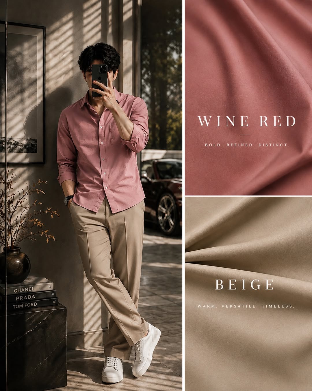 DripXO Wine Red Shirt – Beige Wide-Leg Trouser Combo