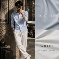 DripXO Light Blue Shirt – White Wide-Leg Trouser Combo
