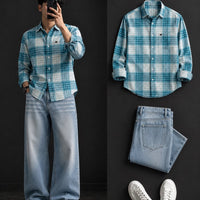 DripXO Teal Plaid Shirt – Ice Blue Wide-Leg Jeans Combo