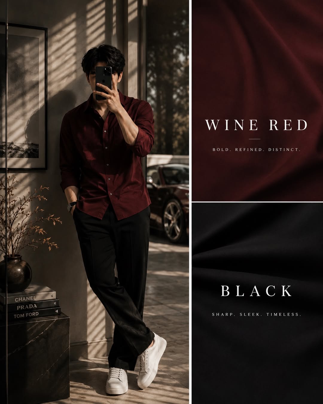 DripXO Wine Red Shirt – Black Wide-Leg Trouser Combo