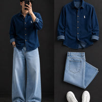 DripXO Dark Navy Denim Shirt – Light Blue Wide-Leg Jeans Combo