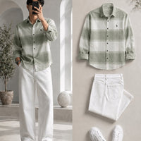 DripXO Sage Green Check Shirt – White Wide-Leg Jeans Combo