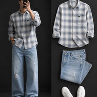 DripXO Grey Blue Plaid Shirt – Light Blue Ripped Wide-Leg Jeans Combo